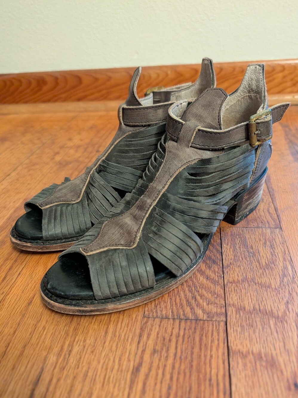 Freebird Arrow Distressed Bluish Black Ankle Strap Open Toe Low Block Heel Sanda